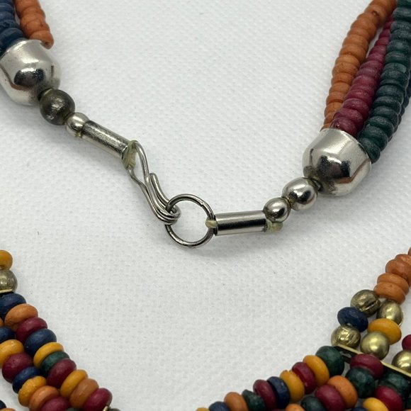 Boho Chic Trendy Multi Strand‎ VTG Blue Red Black Natural Rondelle Bead Necklace - Picture 7 of 8